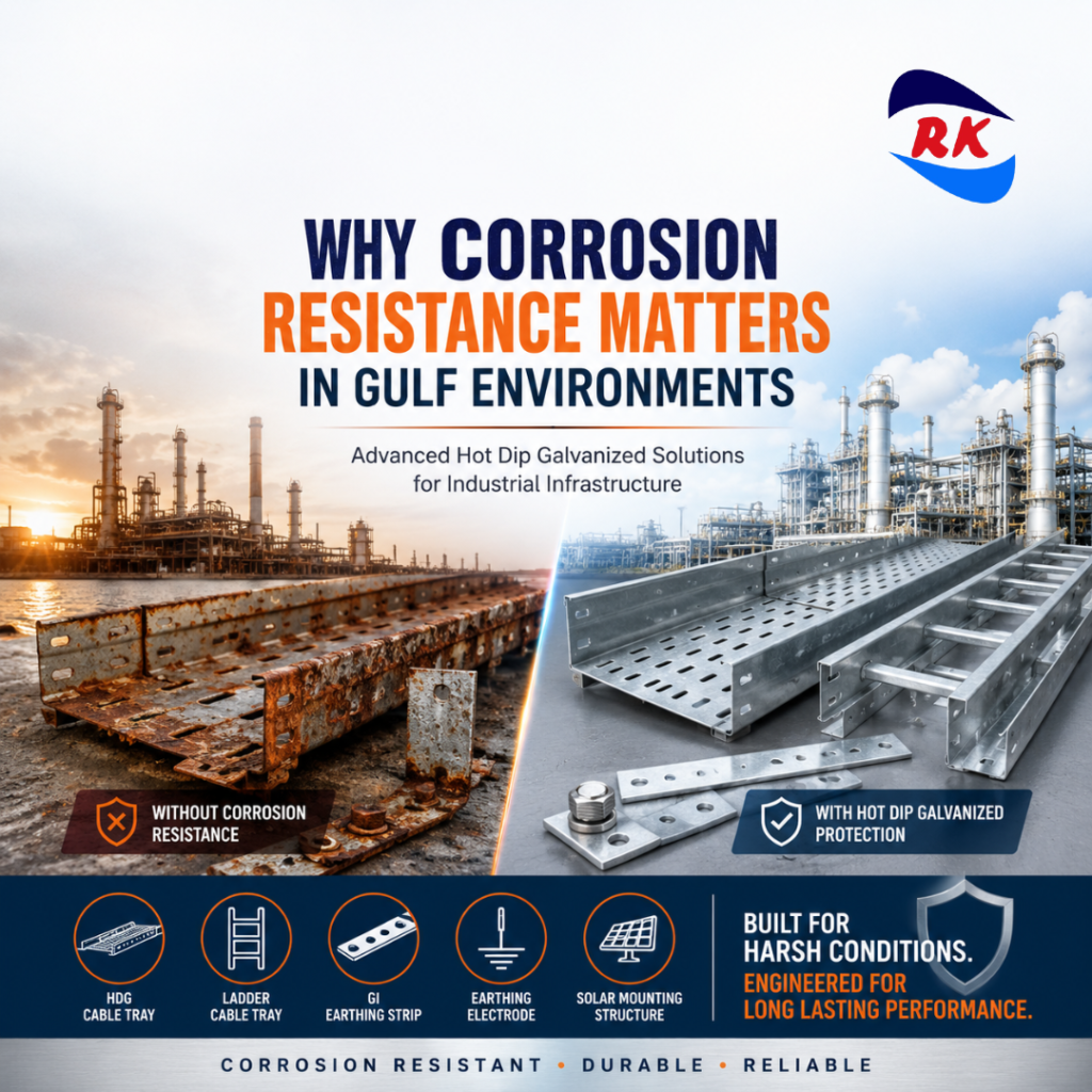 Industrial poster showing the importance of corrosion resistance in Gulf environments with a comparison between rusted cable trays and hot dip galvanized cable trays, ladder trays, earthing strips, and industrial infrastructure products.