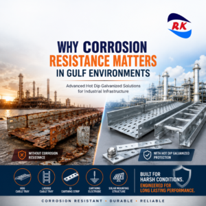 Industrial poster showing the importance of corrosion resistance in Gulf environments with a comparison between rusted cable trays and hot dip galvanized cable trays, ladder trays, earthing strips, and industrial infrastructure products.