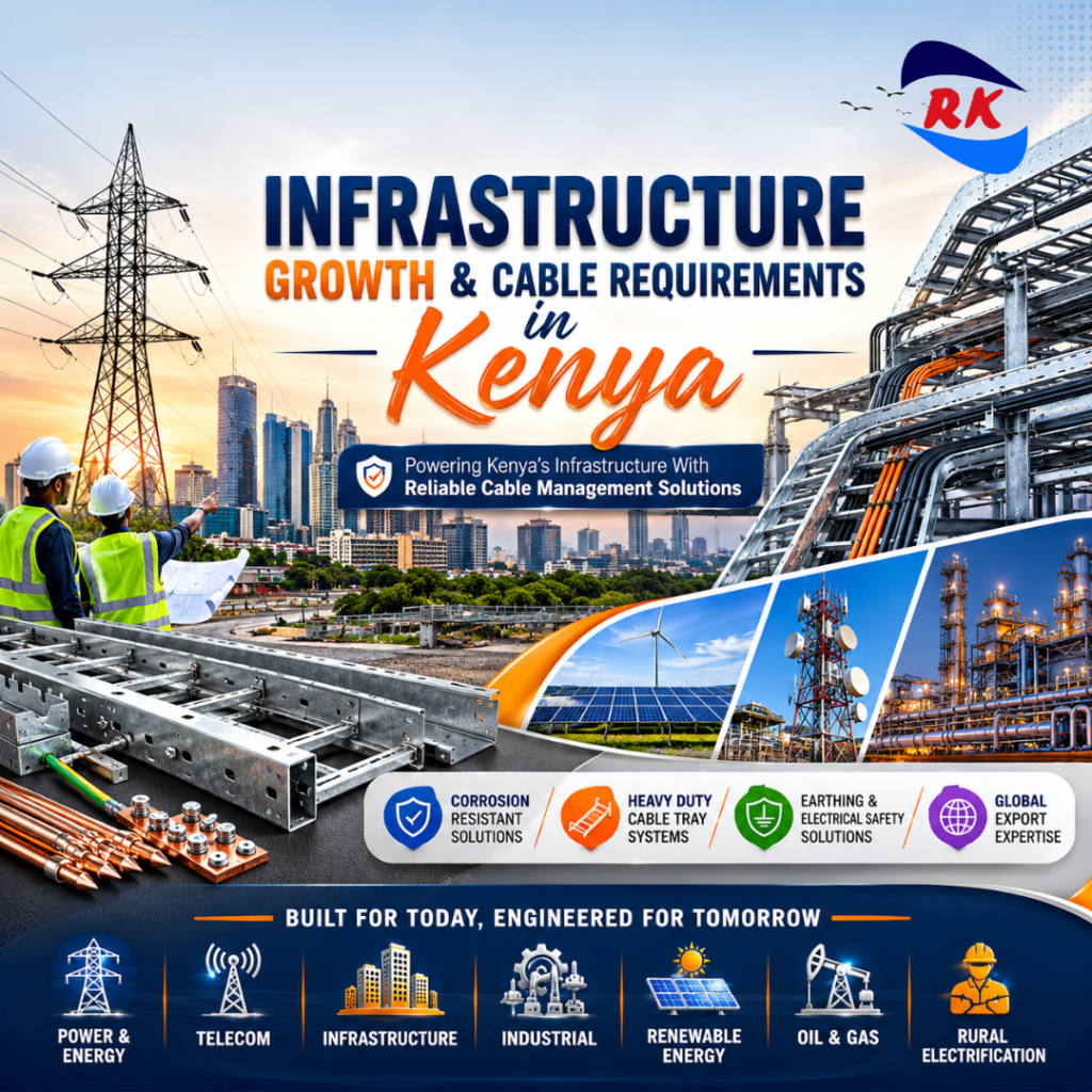 Cover image for RK Engineering blog on Infrastructure Growth and Cable Requirements in Kenya featuring industrial infrastructure, power transmission lines, cable tray systems, hot dip galvanized products, earthing solutions, and solar mounting structures.