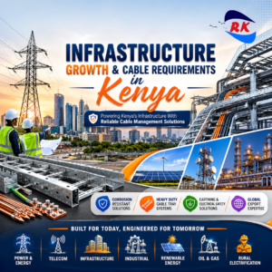 Cover image for RK Engineering blog on Infrastructure Growth and Cable Requirements in Kenya featuring industrial infrastructure, power transmission lines, cable tray systems, hot dip galvanized products, earthing solutions, and solar mounting structures.