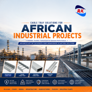 Industrial promotional cover featuring cable tray solutions for African industrial projects with galvanized cable trays, ladder trays, raceway trays, earthing strips, and large industrial infrastructure background.