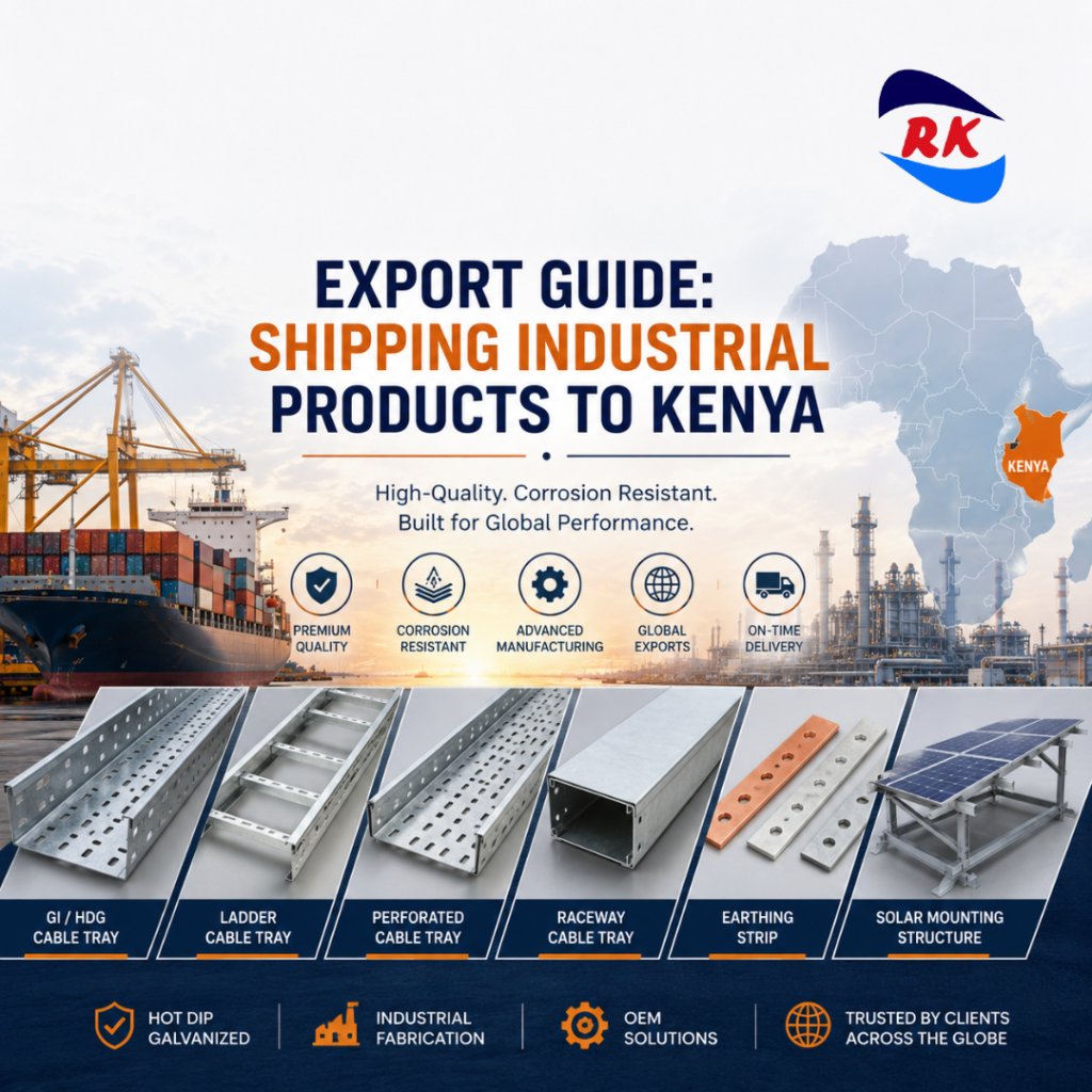 Corporate export guide cover image for RK Engineering featuring hot dip galvanized cable trays, earthing strips, solar mounting structures, shipping port visuals, and Kenya industrial export theme.