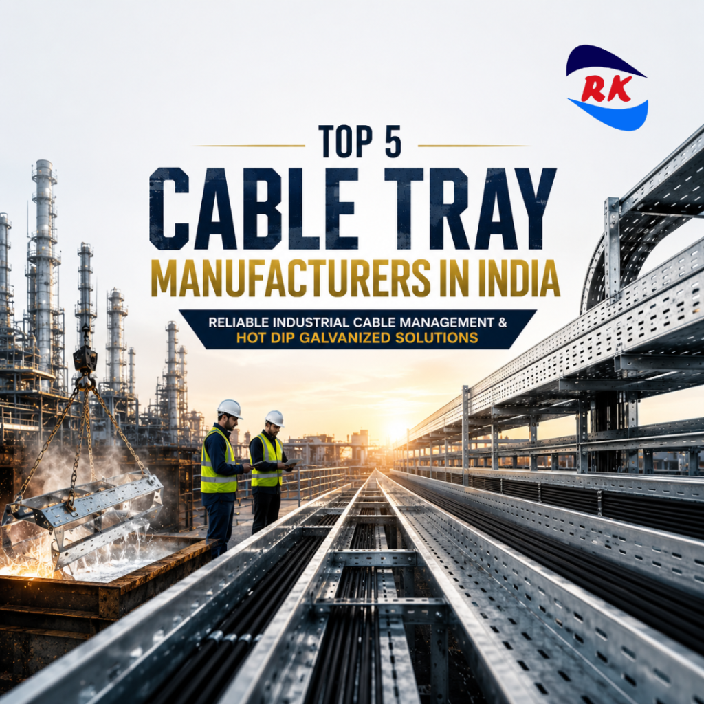 Industrial cover design for “Top 5 Cable Tray Manufacturers in India” featuring galvanized cable tray systems, industrial infrastructure, earthing solutions, solar mounting structures, and hot dip galvanized products by RK Engineering.