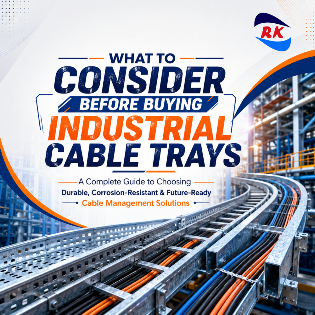 Industrial cable tray cover image showing hot dip galvanized cable trays in an industrial facility for cable management solutions