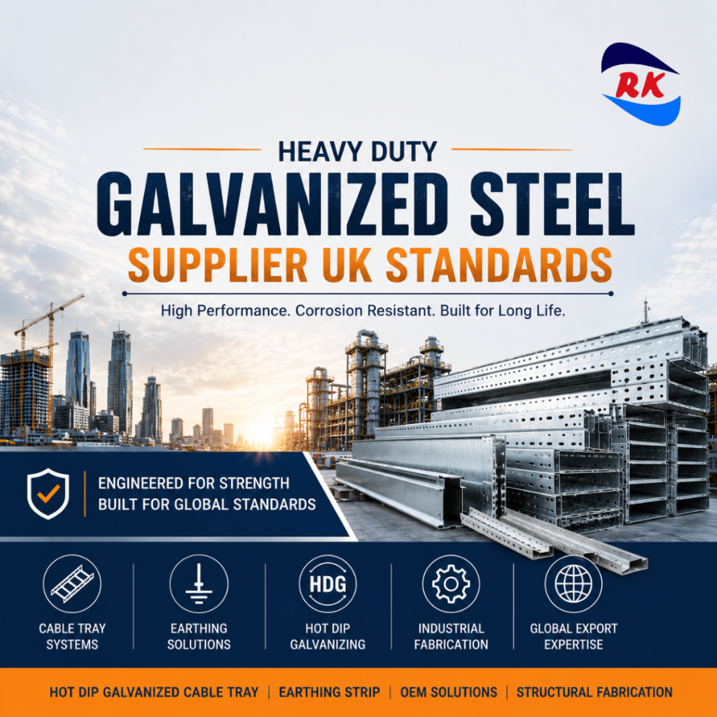 Heavy Duty Galvanized Steel Supplier UK Standards by RK Engineering featuring hot dip galvanized cable trays, earthing solutions, and industrial steel fabrication.
