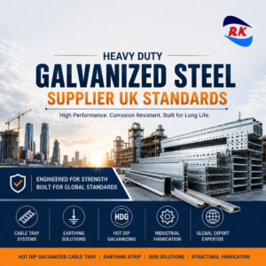 Heavy Duty Galvanized Steel Supplier UK Standards by RK Engineering featuring hot dip galvanized cable trays, earthing solutions, and industrial steel fabrication.