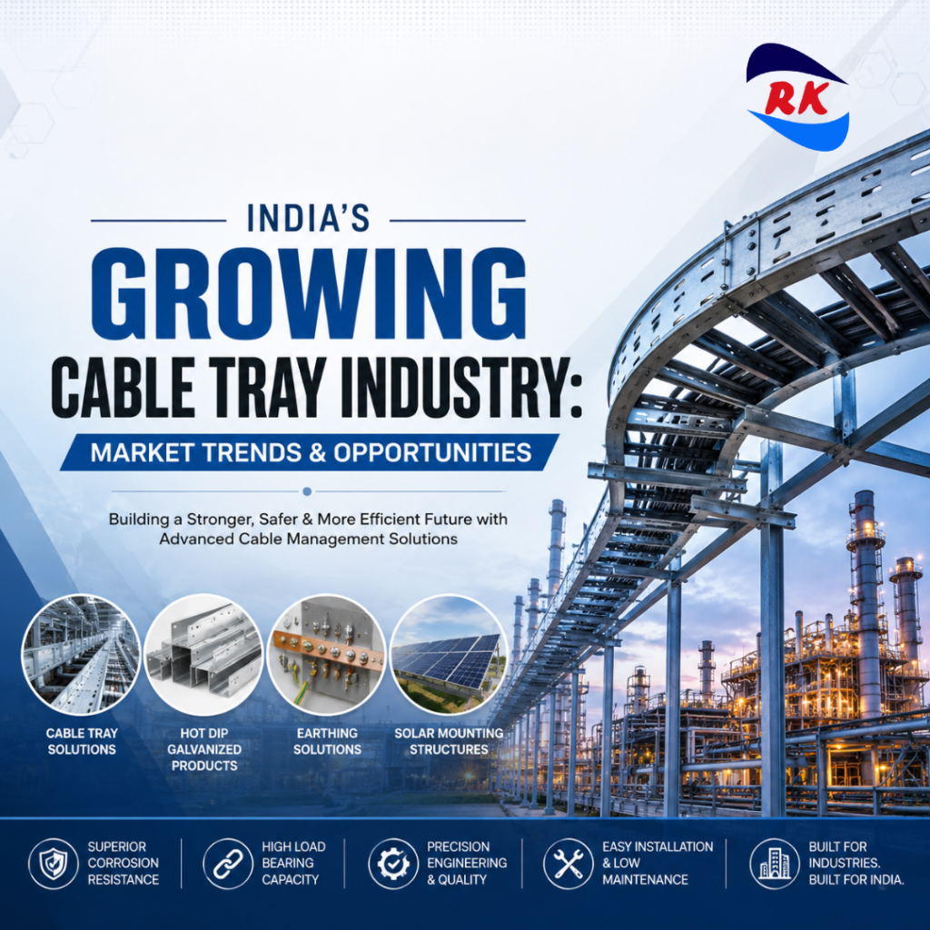 India's Growing Cable Tray Industry cover image featuring Hot Dip Galvanized cable trays, industrial infrastructure, solar mounting structures, and RK Engineering solutions.
