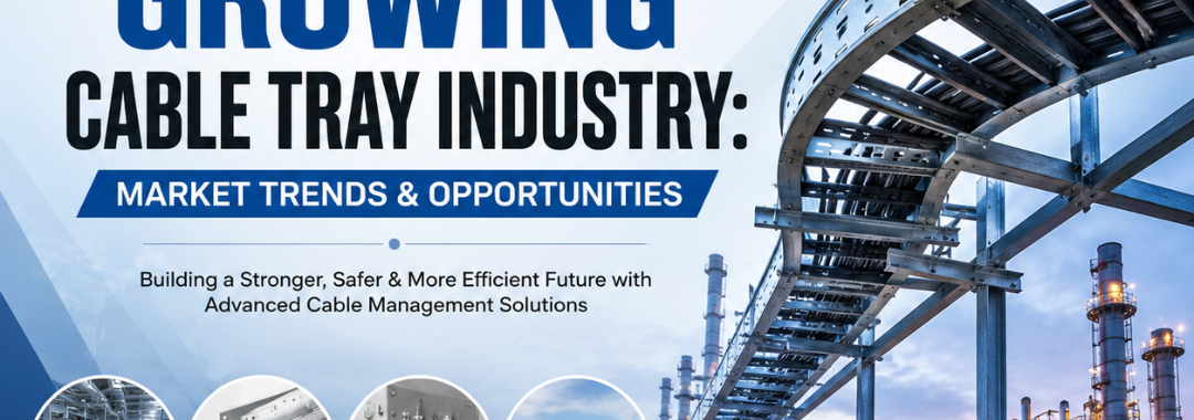 India's Growing Cable Tray Industry cover image featuring Hot Dip Galvanized cable trays, industrial infrastructure, solar mounting structures, and RK Engineering solutions.