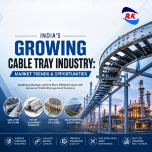 India's Growing Cable Tray Industry cover image featuring Hot Dip Galvanized cable trays, industrial infrastructure, solar mounting structures, and RK Engineering solutions.